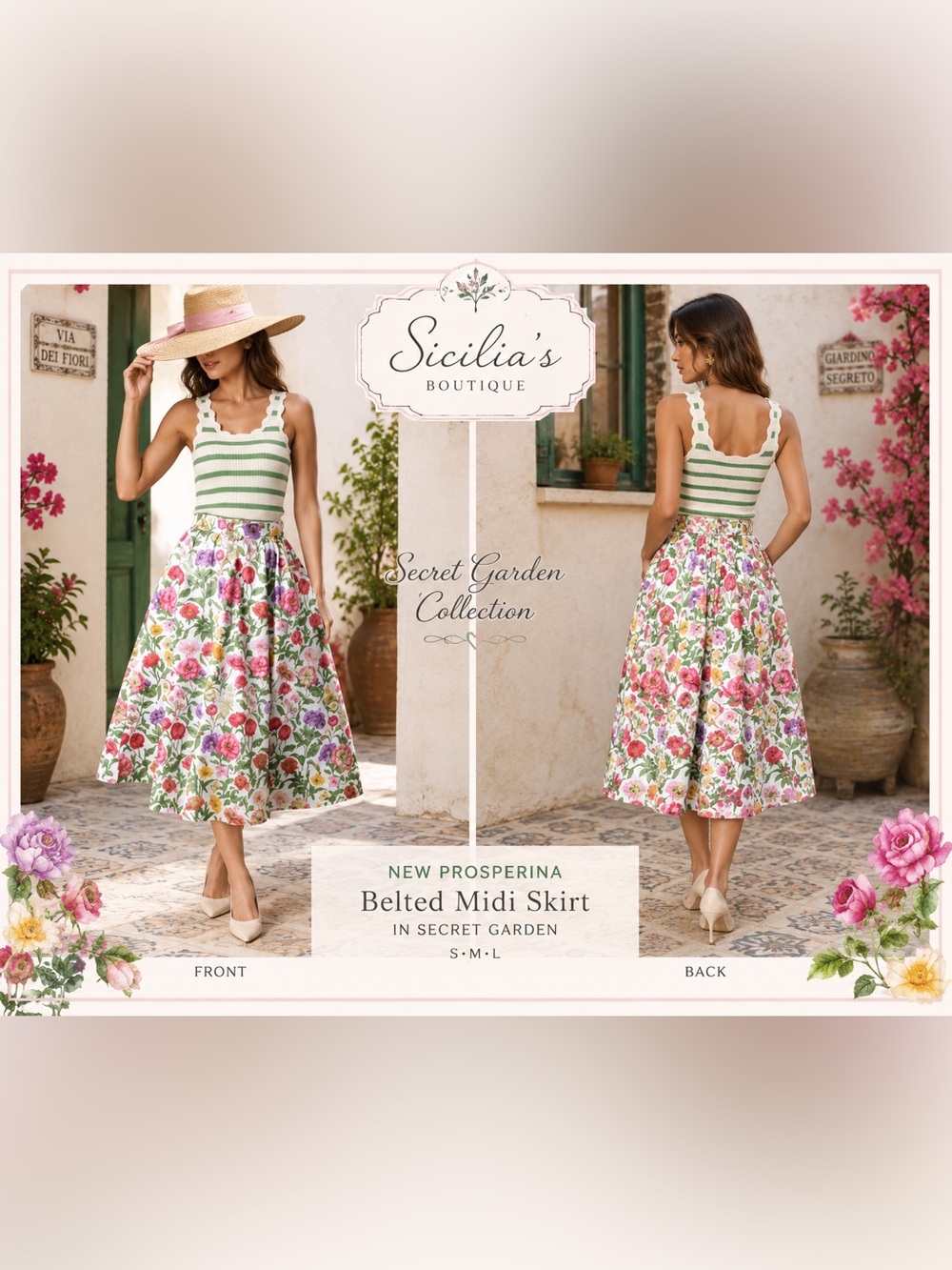 Prosperina Belted Midi Skirt in Secret Garden Floral - Pink & Green